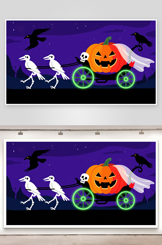 万圣节南瓜车与骷髅乌鸦-众图网