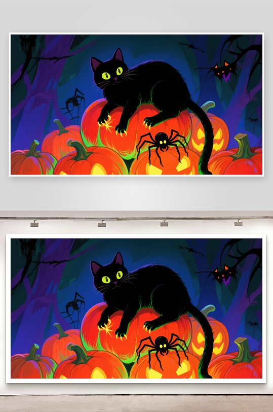 万圣节夜景黑猫与南瓜灯-众图网