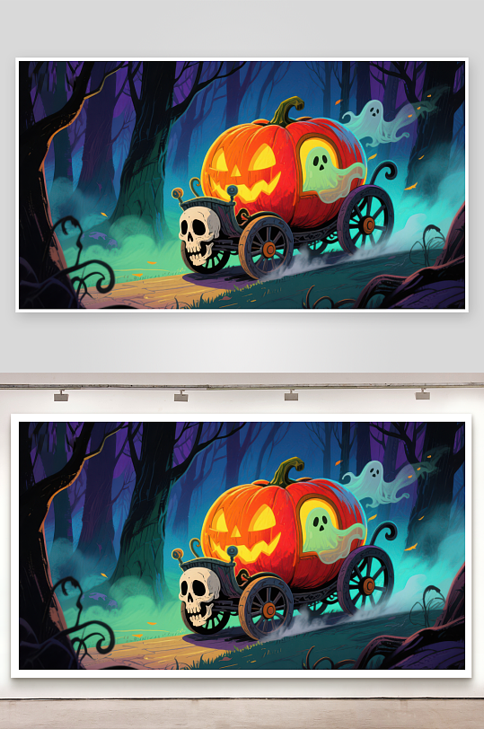 万圣节南瓜车在幽灵森林中穿行-众图网