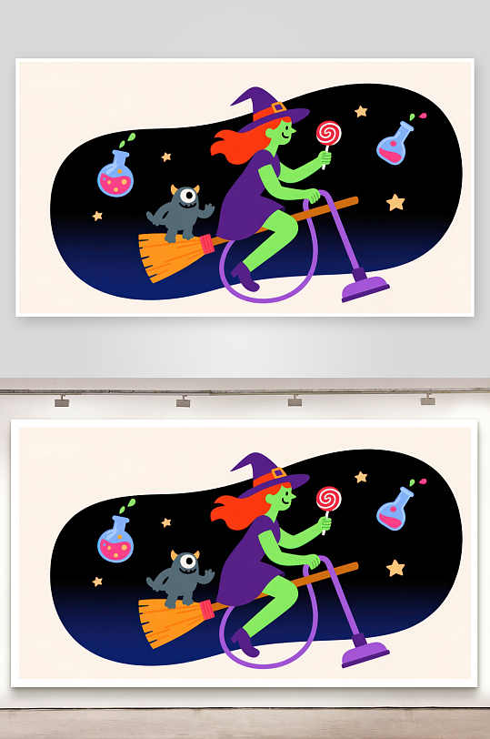 巫女骑帚夜空飞行-众图网