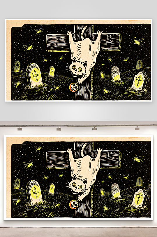 夜墓猫影幽灵般的猫咪倒挂墓地-众图网