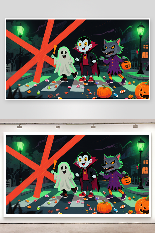 万圣节夜晚的卡通角色-众图网