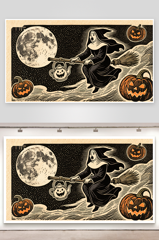 巫师夜行满月下的魔法飞行-众图网