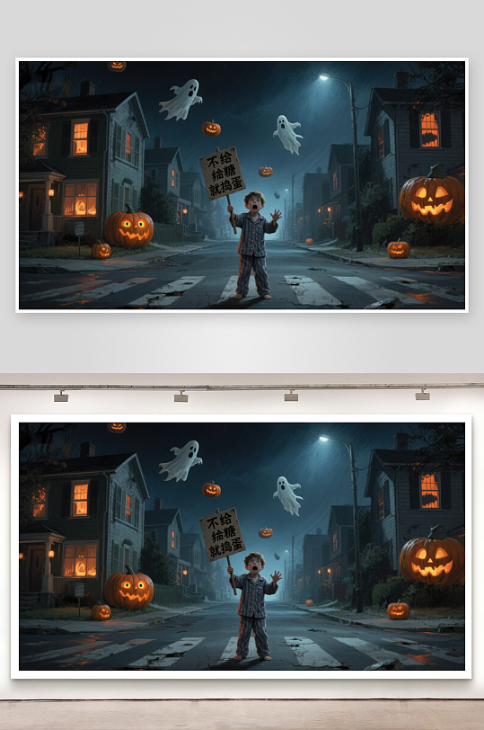 万圣夜街头小孩手持标语-众图网