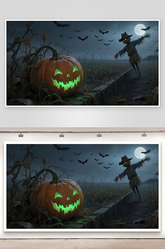 万圣节南瓜与稻草人夜景-众图网