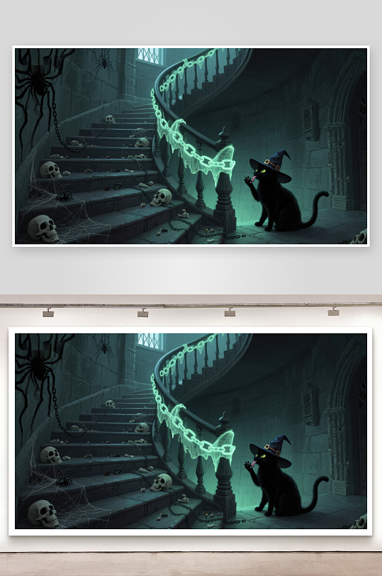幽灵楼梯上的黑猫与巫师帽-众图网