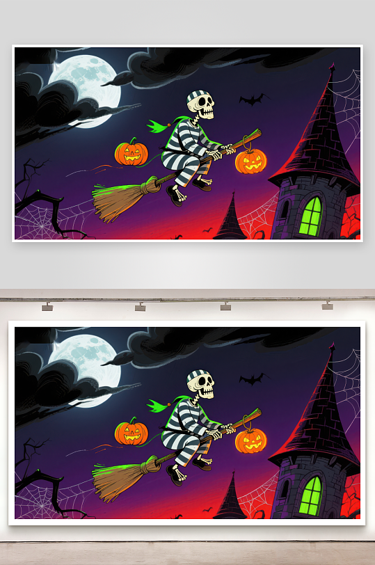万圣夜骷髅骑扫帚飞过城堡-众图网