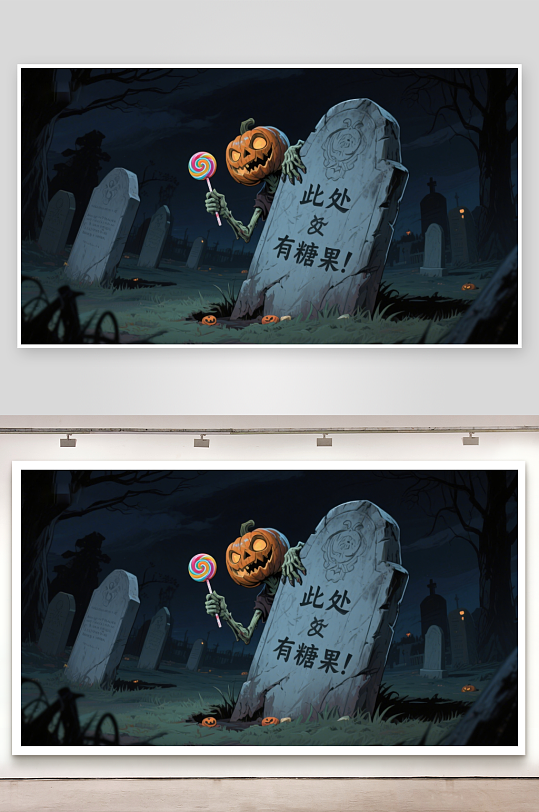 墓地南瓜怪手持糖果夜景恐怖氛围-众图网