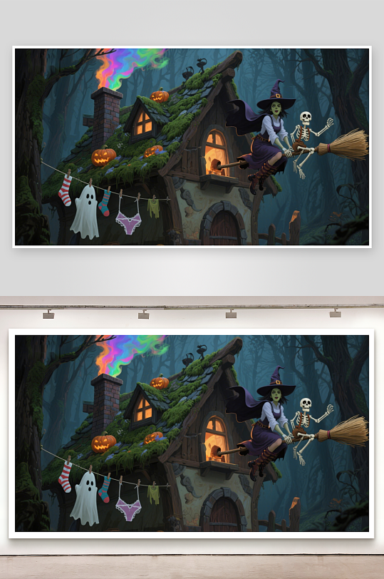 万圣夜巫师与骷髅飞过小屋-众图网