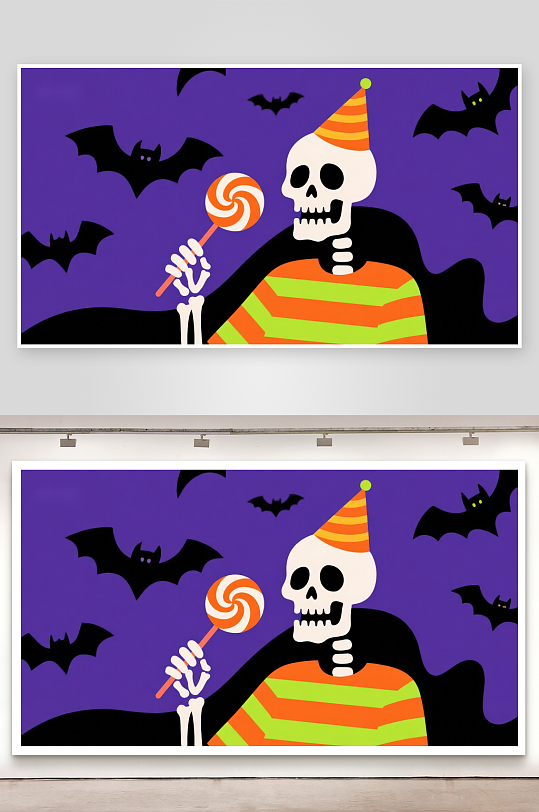 骷髅手持糖果棒背景蝙蝠飞舞-众图网