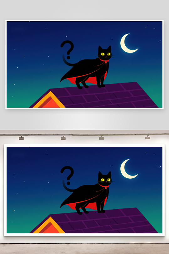 夜空下的黑猫与弯月-众图网