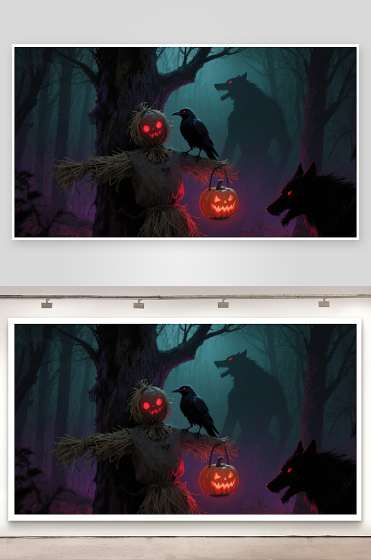 幽暗森林中的南瓜灯与狼人-众图网