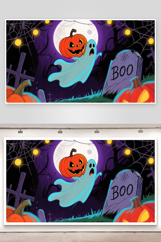 万圣节夜景南瓜与幽灵-众图网