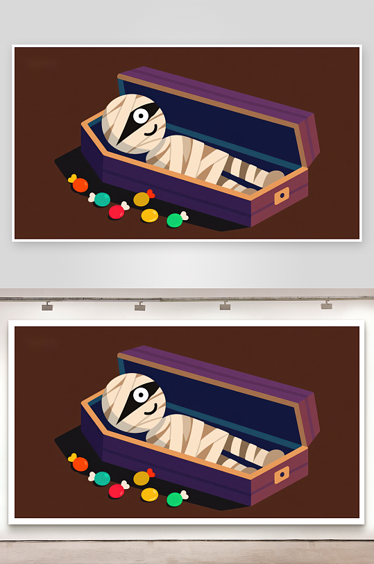 木乃伊躺在紫色棺材中周围散落糖果-众图网