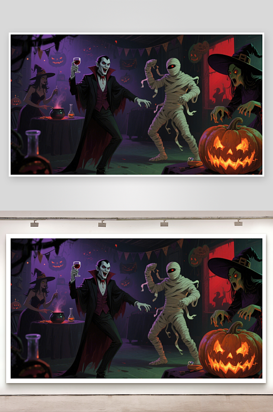 万圣节派对上的吸血鬼木乃伊与女巫-众图网