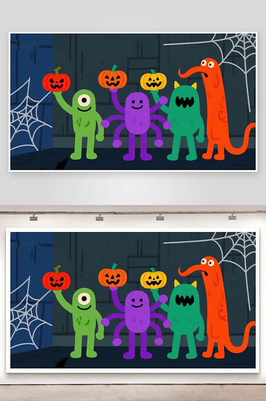 卡通怪物手持南瓜灯庆祝万圣节-众图网