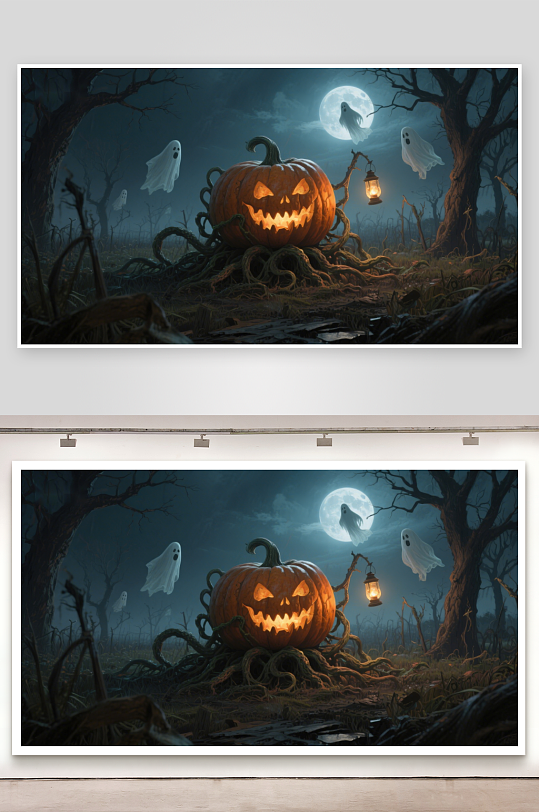 幽灵南瓜照亮月夜森林-众图网