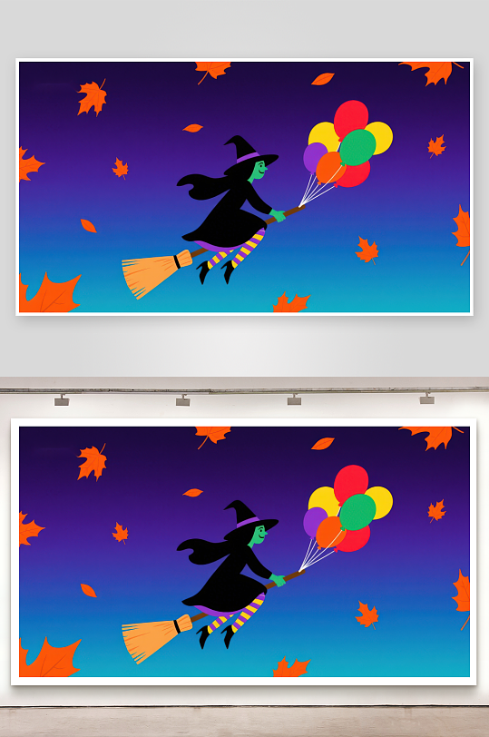 巫女骑帚携气球秋叶纷飞夜空景-众图网