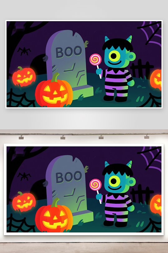 万圣节夜景中的小怪物与南瓜灯-众图网