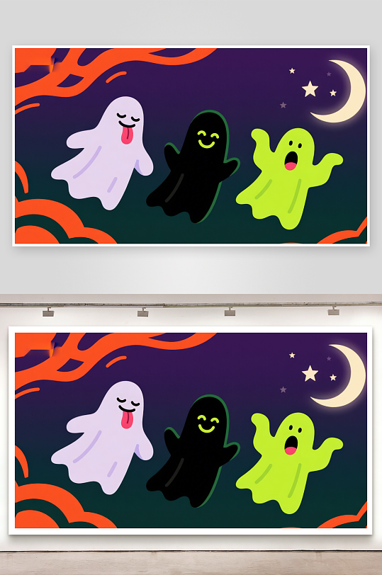 三只卡通幽灵在夜空中的欢乐场景-众图网