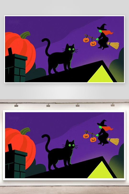 万圣夜巫女与黑猫屋顶场景-众图网