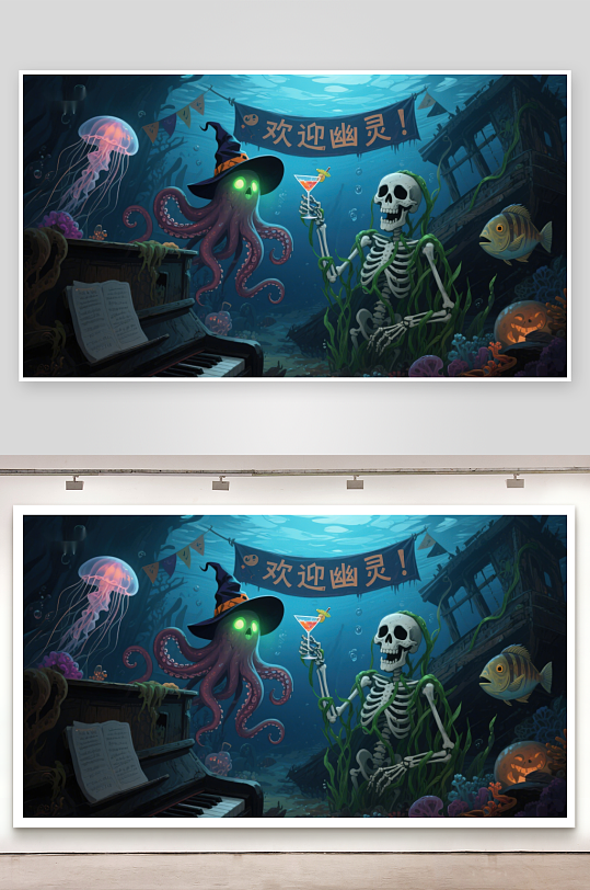 海底万圣节派对骷髅与章鱼的狂欢-众图网