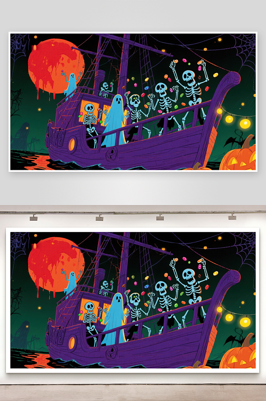 万圣节骷髅海盗船夜景-众图网