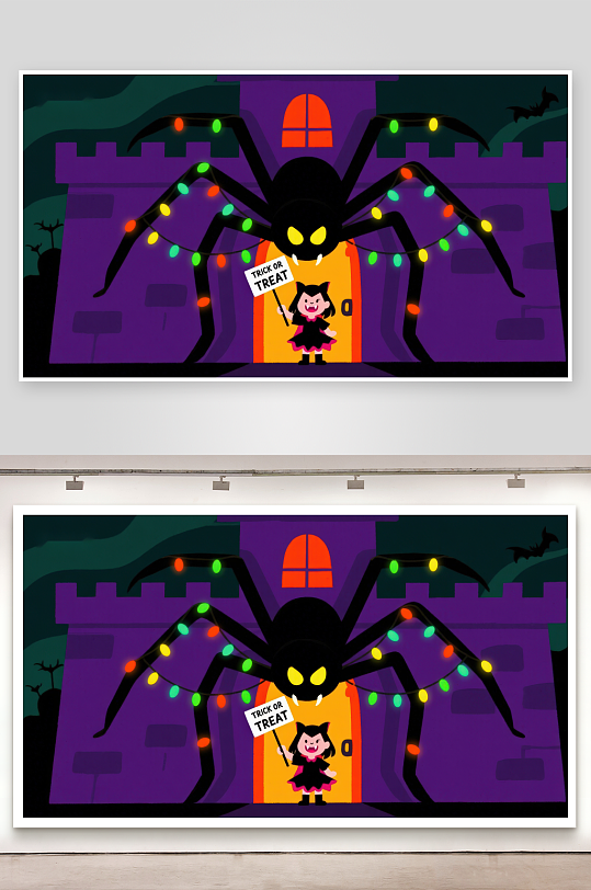 万圣节蜘蛛门前小女孩手持不给糖就捣蛋牌子-众图网