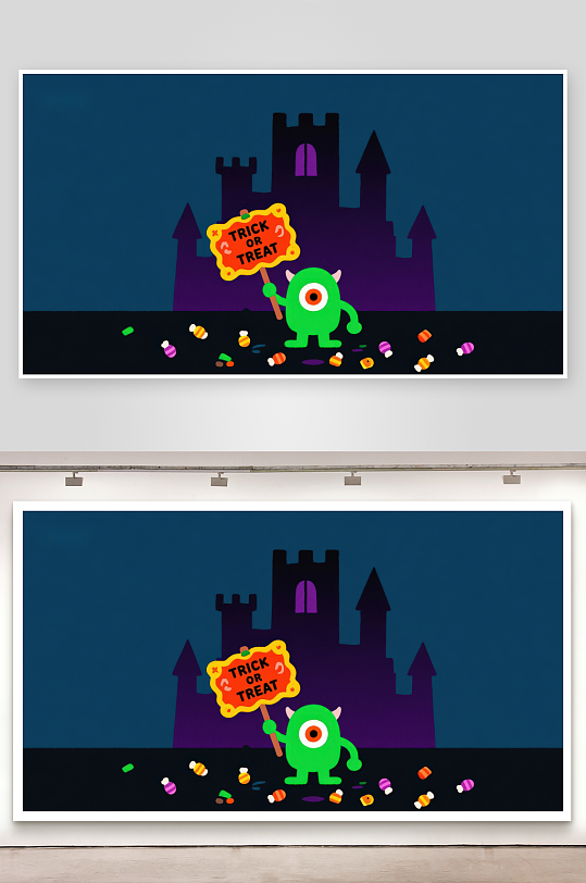 万圣节小怪兽手持糖果牌-众图网