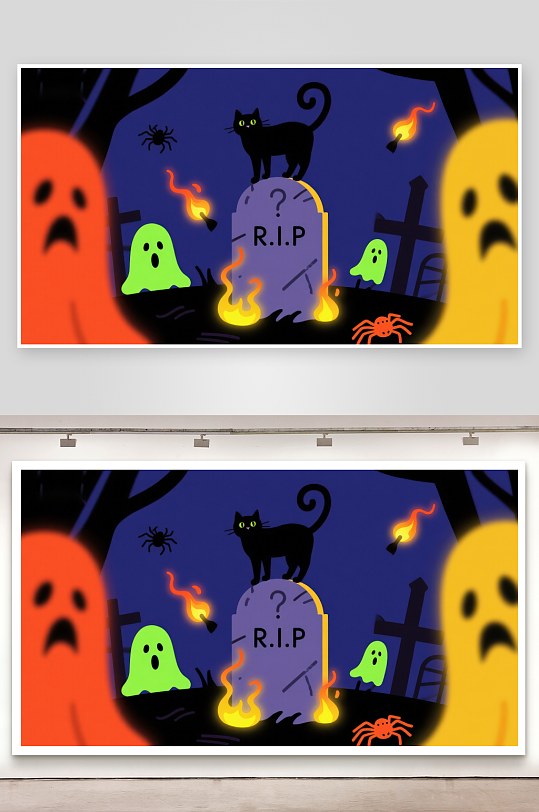 万圣节墓地幽灵与黑猫-众图网