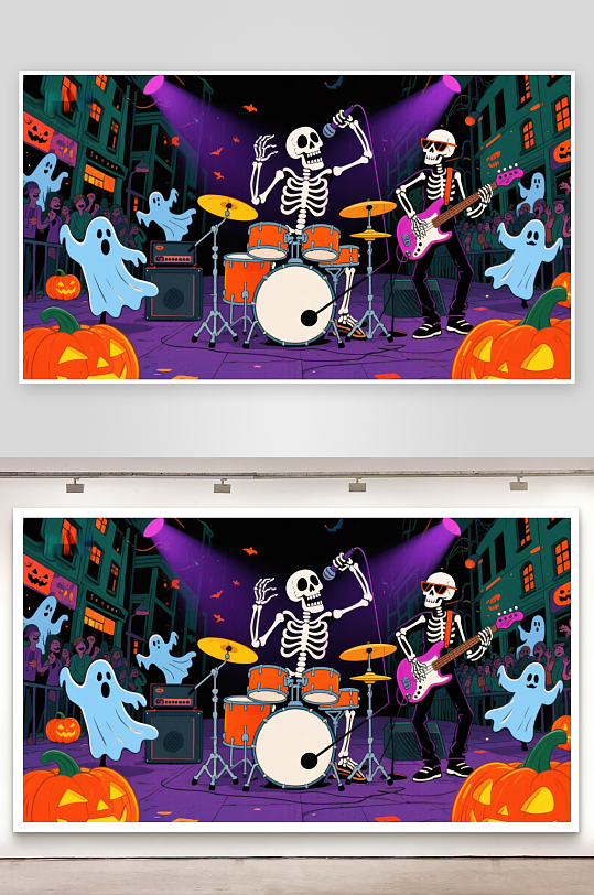 骷髅乐队万圣节街头表演-众图网