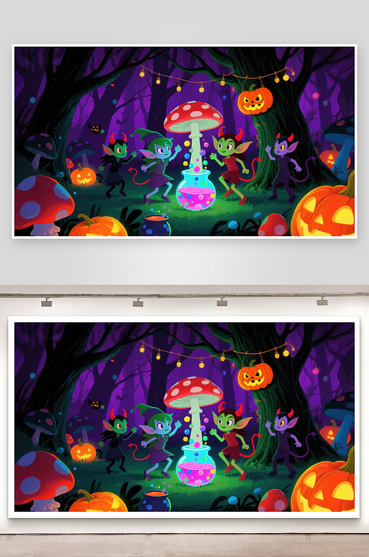 万圣节森林中的小巫师聚会-众图网