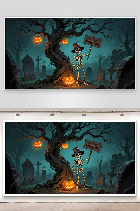 万圣节墓地中的骷髅与南瓜灯-众图网