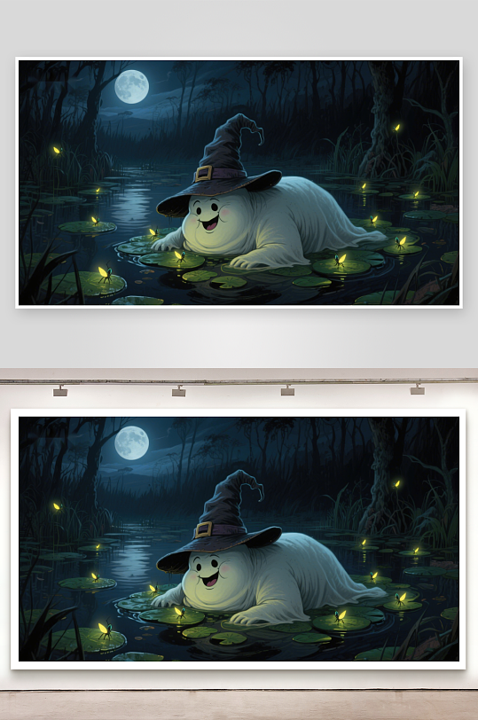 月夜池塘中的巫师幽灵-众图网