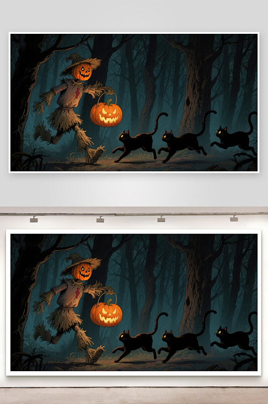 万圣节森林中的南瓜灯与黑猫-众图网