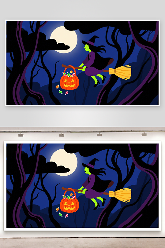 万圣夜巫女骑扫帚携糖果篮-众图网