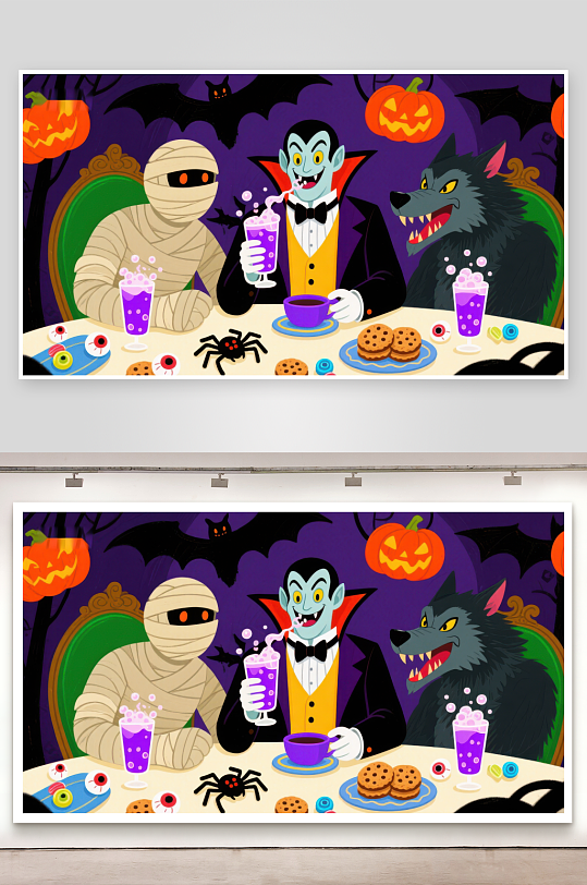 万圣节派对木乃伊吸血鬼与狼人共饮-众图网