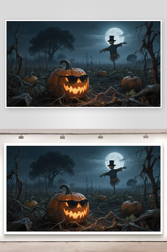 月夜南瓜地里的稻草人-众图网