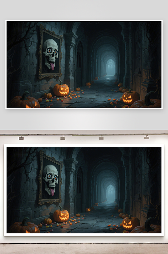幽暗古堡中的万圣节南瓜与骷髅画-众图网