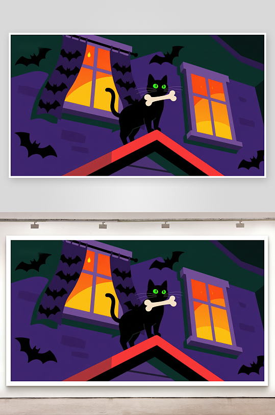 黑猫叼骨屋顶上夜幕蝙蝠环绕屋-众图网