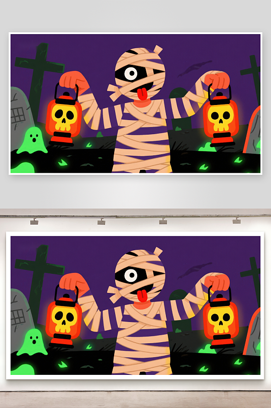 木乃伊手持骷髅灯墓地夜景-众图网