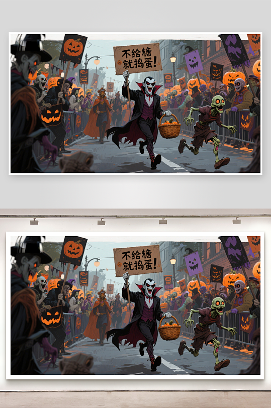 万圣节游行小丑与僵尸欢乐互动-众图网