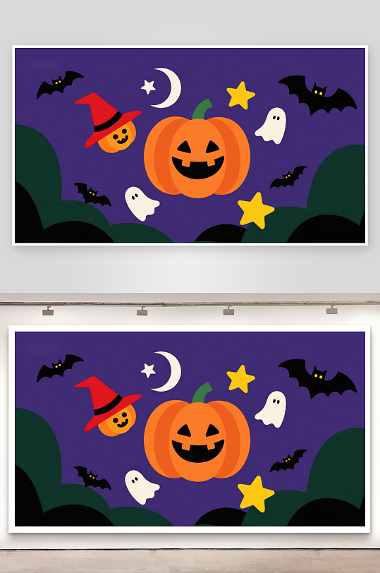 万圣节夜景南瓜灯与幽灵蝙蝠-众图网