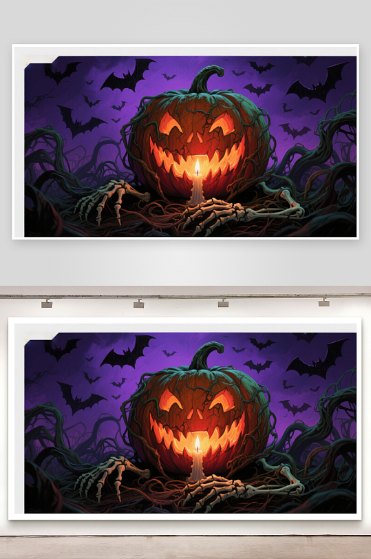 万圣节南瓜灯与骷髅手的神秘夜景-众图网