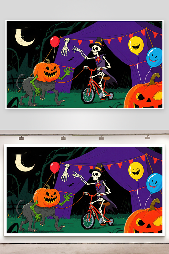 万圣节夜景骷髅骑车与南瓜灯-众图网