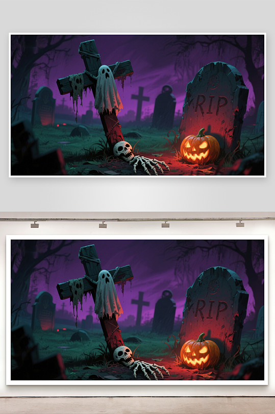 幽灵墓碑与南瓜灯的万圣夜景-众图网