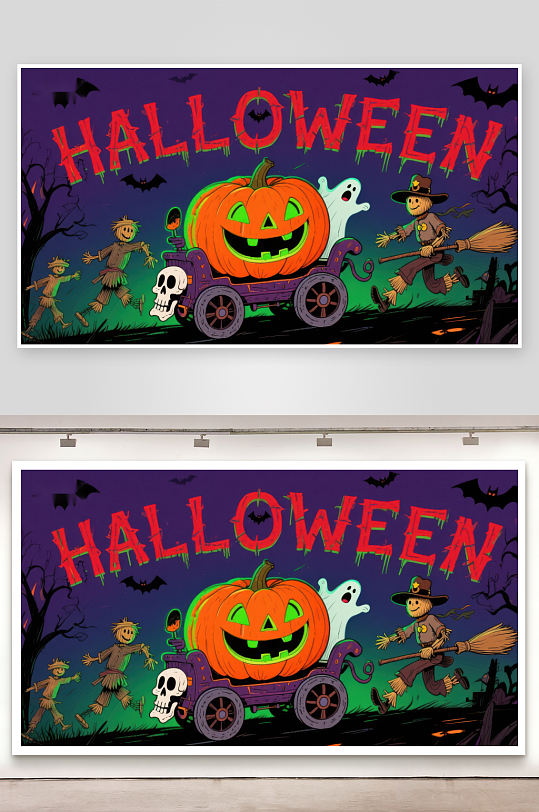 万圣节南瓜车与幽灵巫师-众图网