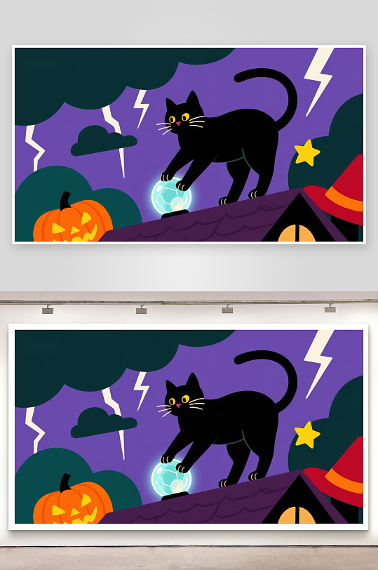 万圣夜屋顶上的黑猫-众图网