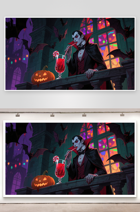 吸血鬼手持红色饮品背景为哥特式建筑-众图网