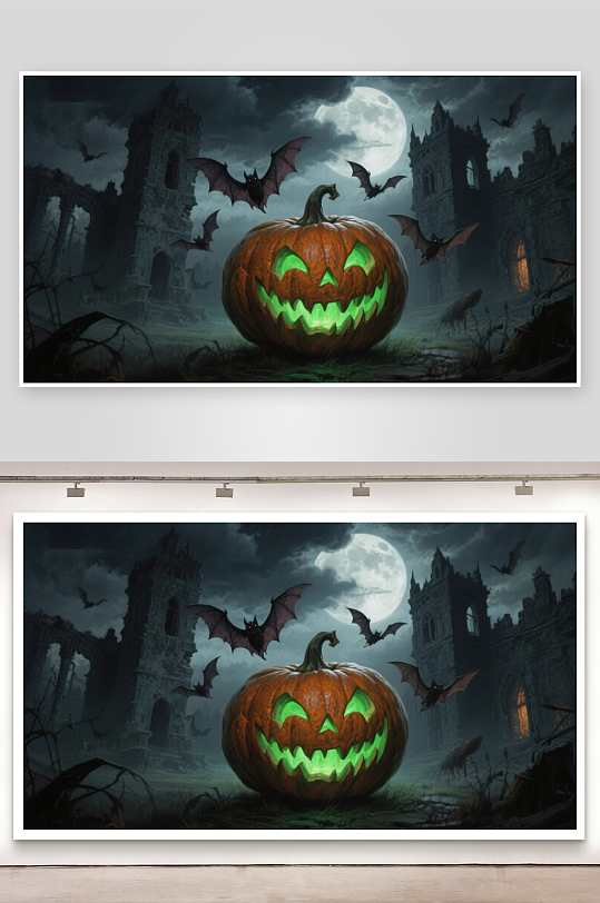万圣节南瓜灯与蝙蝠在古堡前-众图网